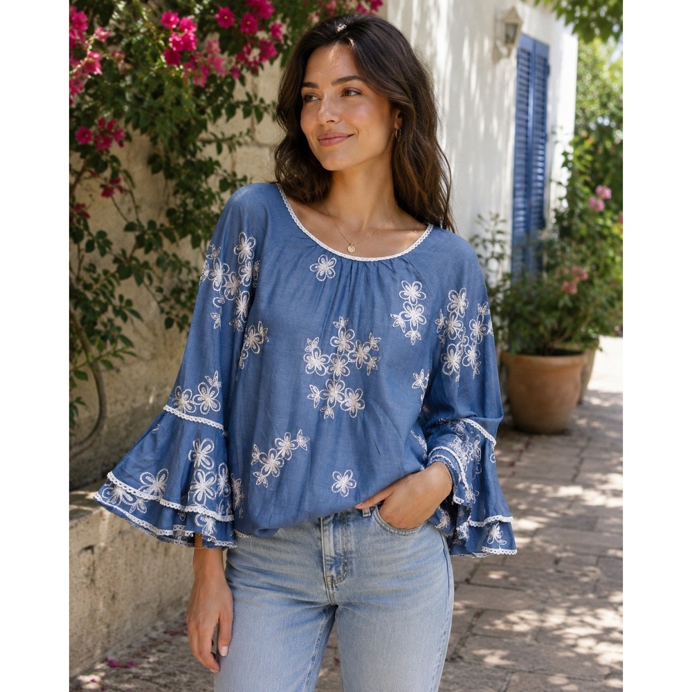 Hannah XL Embroidered Peasant Blouse Bell Sleeve Floral Tunic Top Cottagecore